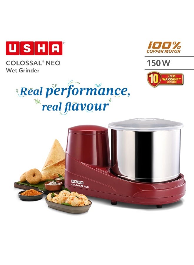 أوشا USHA Colossal Neo 2 litres Table-Top Wet Grinder, 150W 100% Copper Motor, Dual Stones, Stainless Steel Drum, 10 Years Warranty on Motor, Free Home Service (Cherry Red) - Image 5